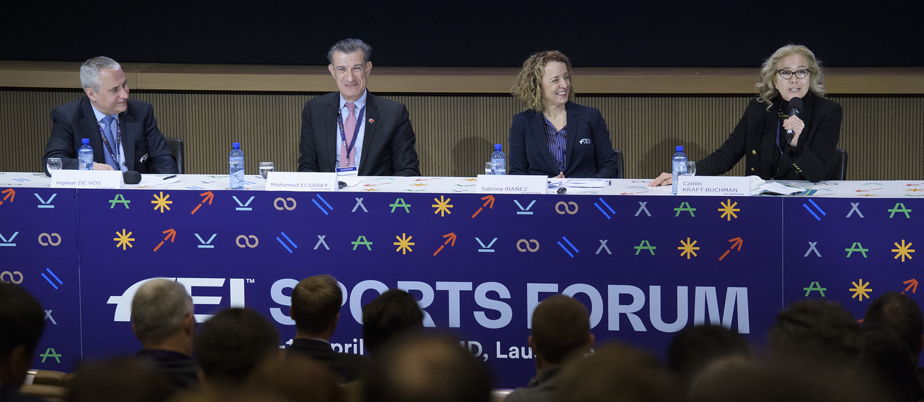 The panel for Session 1 on Gender Equality at the FEI Sports Forum 2019 (from l. to r.): FEI President Ingmar De Vos, Chairman of the British Equestrian Federation Mohamed Elsarky, FEI Secretary General Sabrina Ibáñez, Founder/Executive Director Woman@The Table Caitlin Kraft-Buchanan