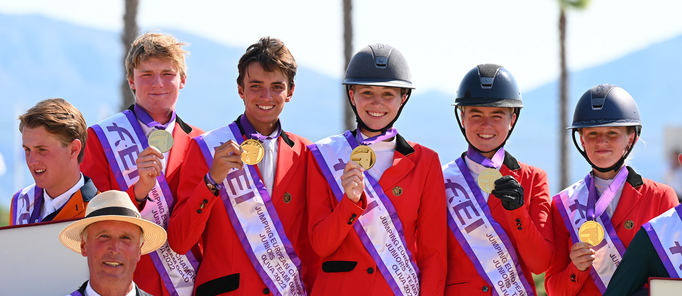Oliva, Spain - 2022 July 14: Juniors 2nd competition 1m40 (Team final, Second Indiv) during European Jumping Championship for Children, Juniors, Young riders(photo: 1clicphoto)