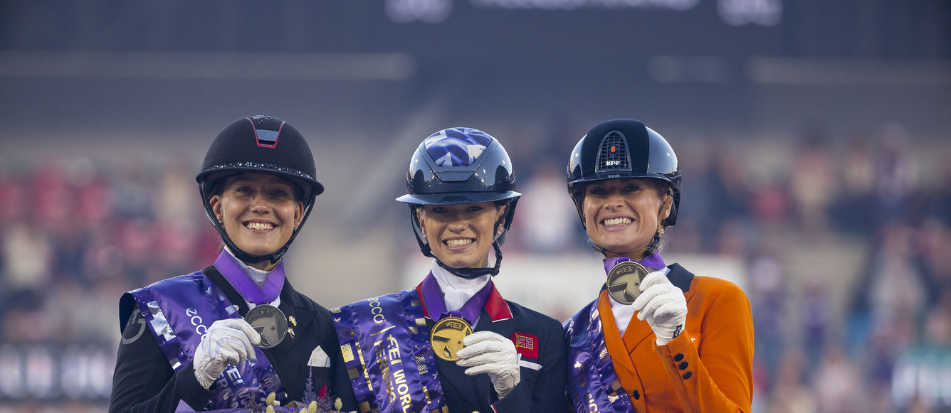 ECCO FEI World Championships 2022, Herning (DEN)Blue Hors FEI Dressage World Championship 2022 - IndividualPodium Grand Prix Special 1. Charlotte Fry (GBR) and Glamourdale 2. Cathrine Laudrup Dufour (DEN) and Vamos Amigos, 3. Dinja Van Liere (DEN) and Hermes© FEI/Leanjo de Koster
