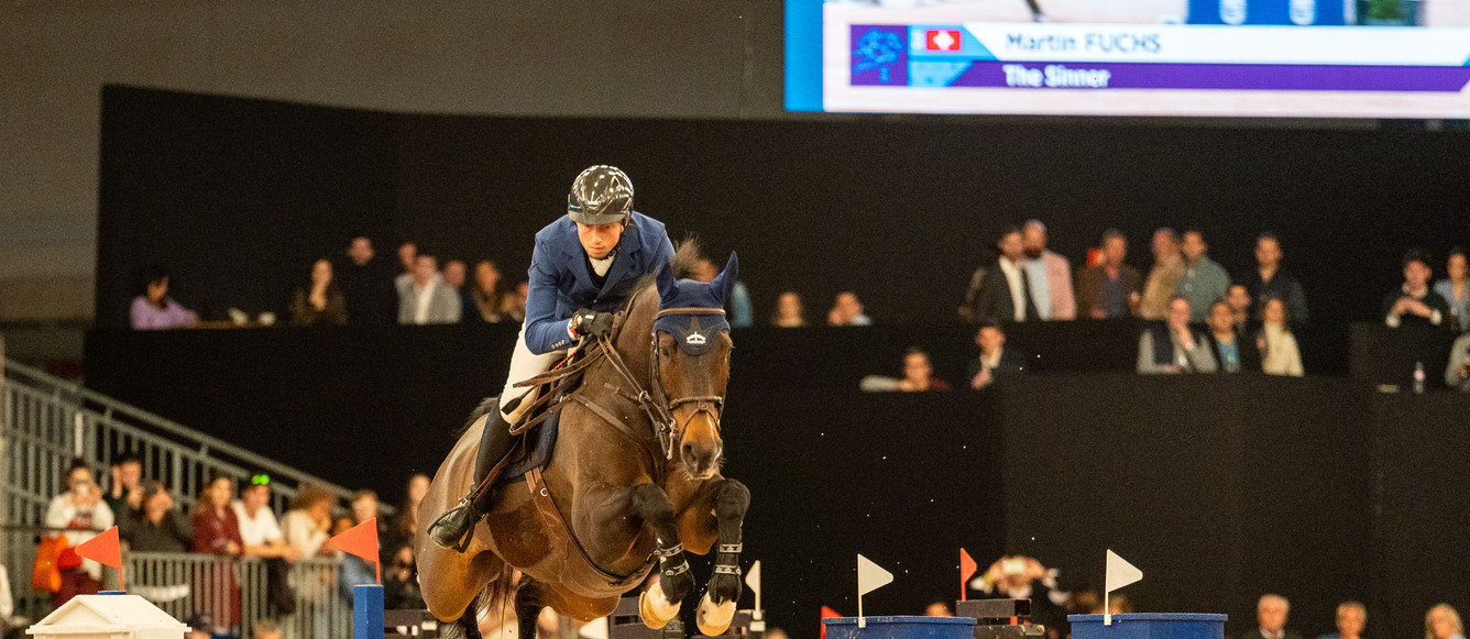 Martin Fuchs et The Sinner lors de l'étape Coupe du monde de Madrid en 2023. © OxerSport.com