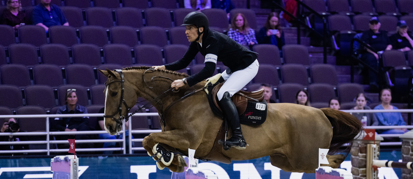 © FEI/Richard Juilliart FEI World Cup™ Finals 2023 Omaha NE (USA).Longines FEI Jumping World Cup™ Final IHenrik von Eckermann SWE rides King Edward  on 5 April 2023