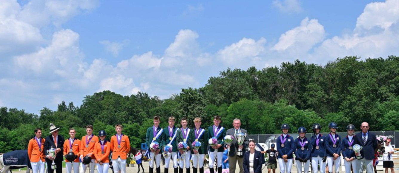 Le podium des championnats d'Europe junior 2023 à Gorla Minore avec l'Irlande en or, les Pays-Bas en argent et la Grande-Bretagne en bronze. ©Sassofotografie-Equieffe Equestrian Centre/LDD