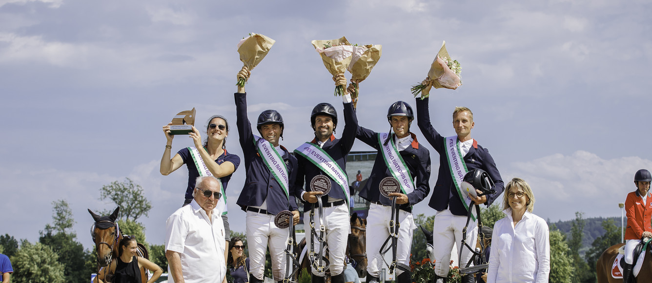 GOLD: Team France: Mathieu Lemoine; Raphael Cochet; Maxime Livio; Christopher Six, during the Prizegiving for the CCIO4*-S. 2023 FEI Eventing Nations Cup | Switzerland. Avenches. Sunday 23 July. Copyright Photo: Libby Law Photography