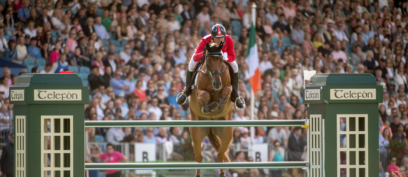 BRYAN BALSIGER of Switzerland on CHELSEA Z tackles a jump in round two of the Longines FEI Jumping Nations Cup of Ireland in Dublin, Ireland, Aug 11, 2023.   Copyright © FEI/Martin Dokoupil