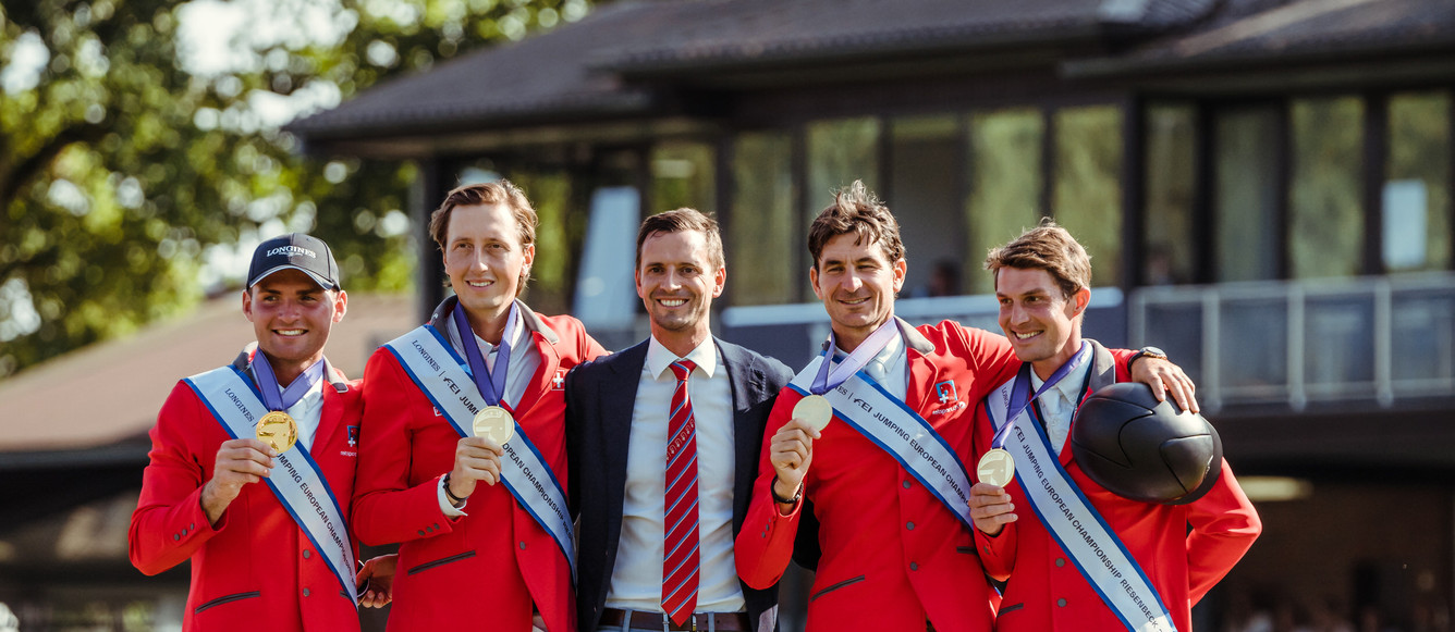 Longines FEI Jumping European Championship Riesenbeck   Team Switzerland Left to right: Bryan Balsinger, Martin Fuchs, Michel Sorg, Steve Guerdat, Elian Baumann   Photo Copyright © FEI/Christophe Taniere