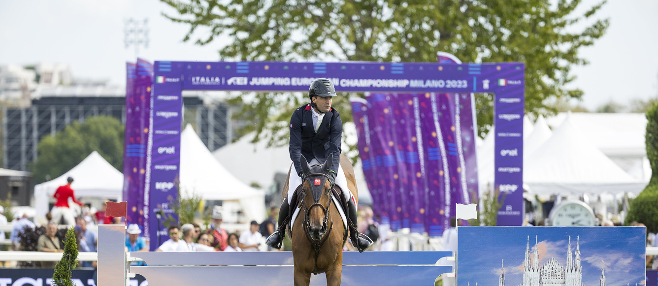 Olivier Perreau (FRA) riding GL Events Dorai d’ Aiguilly in the second qualifying Competition - Individuals and Final Teams at the FEI Jumping European Championship Milano 2023  Copyright ©FEI/Leanjo de Koster