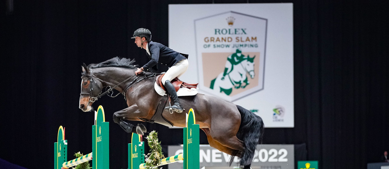 Steve Guerdat (SUI) riding Dynamix de Belheme during the day 2 of Rolex Grand Slam of Show Jumping  on December 8, 2022 in Geneva, Switzerland. (Photo by Pierre Costabadie/Icon Sport)