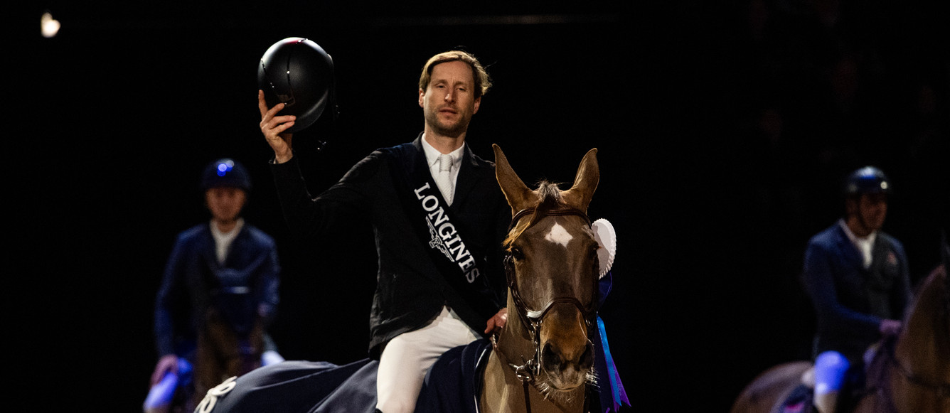 Longines FEI Jumping World Cup™ of Basel 2024, SwitzerlandPIETER DEVOS of Belgium reacts on MOM'S TOUPIE DE LA ROQUE after victory in Longines FEI Jumping World Cup of Basel 2024 in Basel, Switzerland, January 14, 2024.