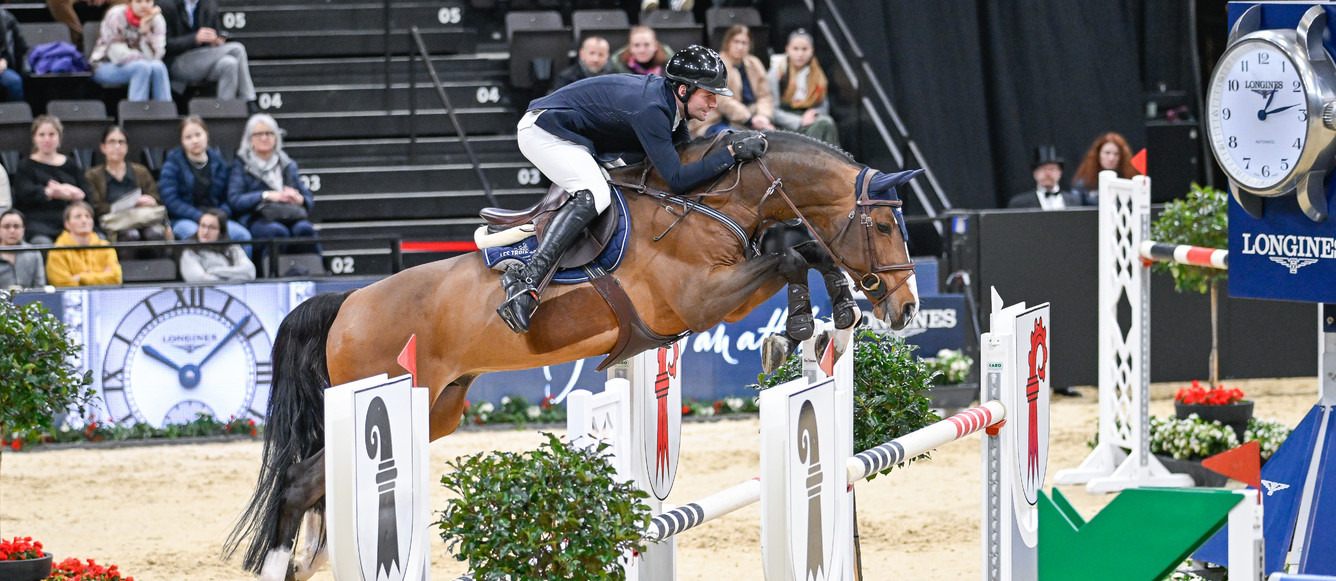 À Bâle, Bryan Balsiger a fait deux bons tours avec Ermindo W, l'ex-crack de Rolf G. Bengtsson propriété de Jose Maria Larocca, mais il a sagement renoncé au GP dominical. Objectif CSIO de St-Gall ! Sans exclure les JO... ©Katja Stuppia