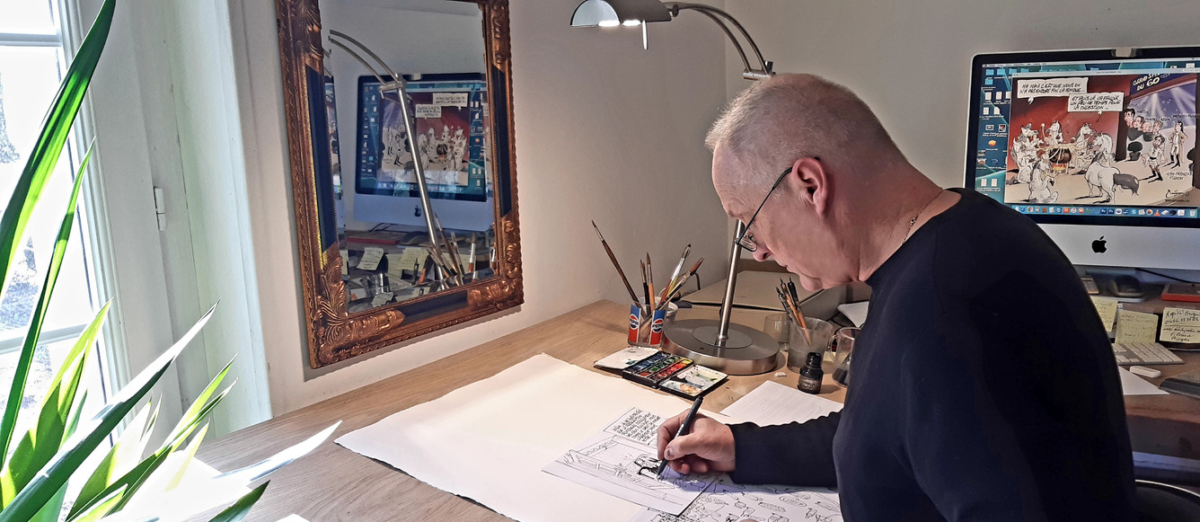 Après avoir dessiné pour de grands magazines politiques, Pierre Milon a privilégié les magazines partageant sa passion pour le cheval et l’élevage (voir le dessin ci- dessous), mais aussi des publications sur la chasse. © Coll. privée