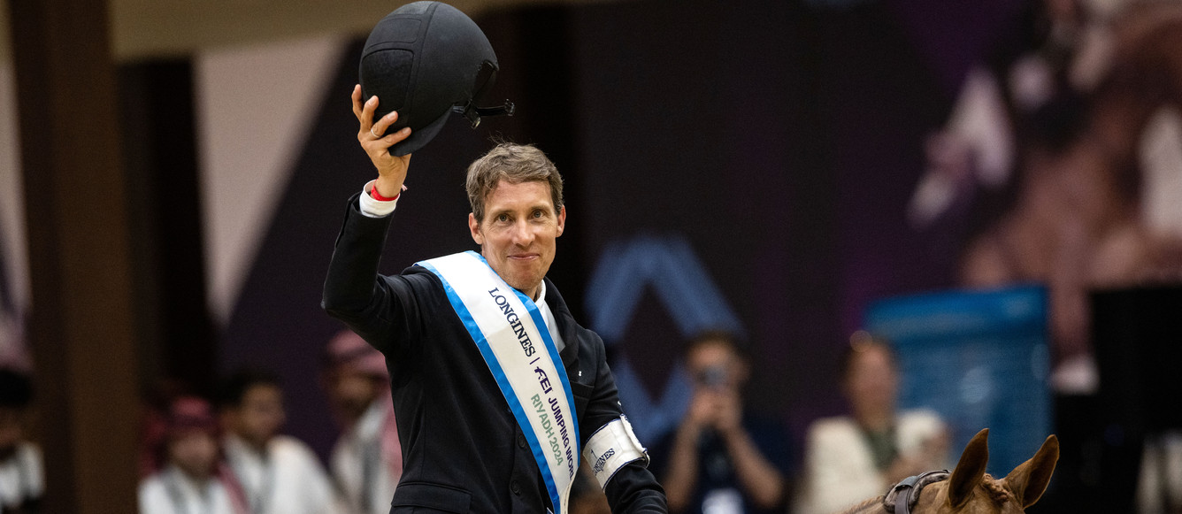 Longines FEI Jumping World Cup™ Final, Riyadh 2024, Saudi ArabiaHENRIK VON ECKERMANN of Sweden on KING EDWARD reacts after winning Longines FEI Jumping World Cup Final 2 in Riyadh, Saudi Arabia, April 18, 2024.