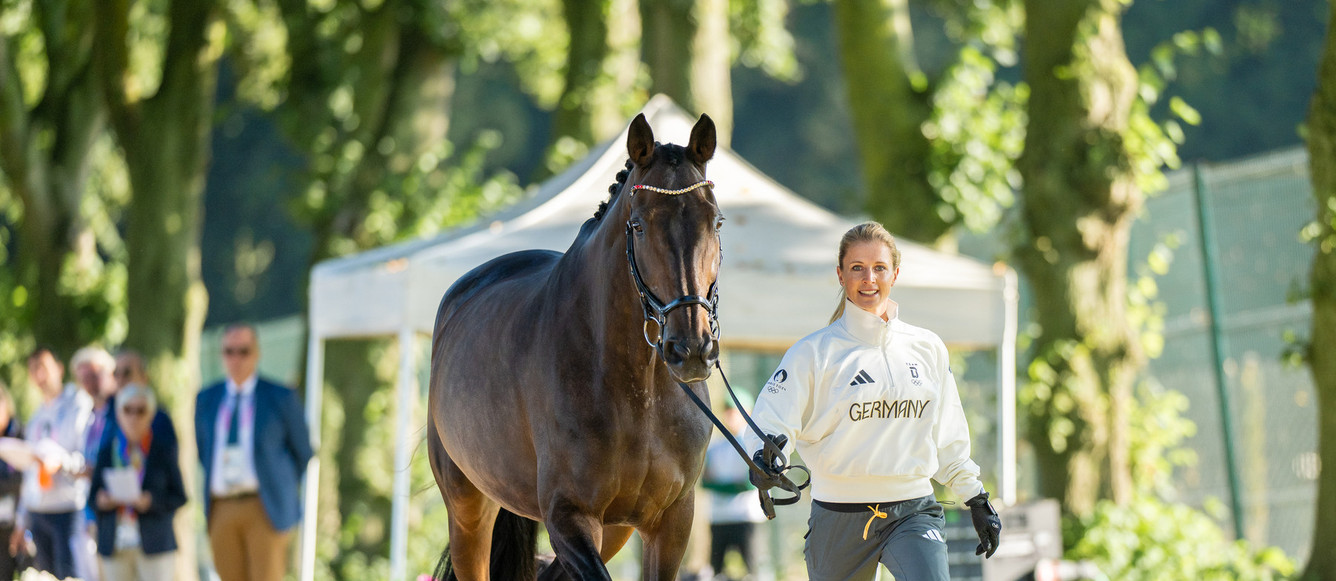 Paris 2024 Olympic GamesJessica von BREDOW-WERNDL (GER) presents TSF DALERA BB at the Dressage First Horse Inspection at the Chateau de Versailles for the Paris 2024 Olympic Games.Photo Credit: FEI/Benjamin Clark
