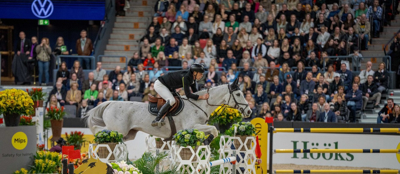 Peder Fredricson  (SWE) Catch me Not S (SWB Gelding 18 years by Cardento –  Ramiro's Son Breeder: Krister Svedberg (Swe) Owner: Ebba Berglöf) taking third place at the Longines FEI Jumping World Cup™ 2023/2024 Western European League - Gothenburg (SWE)