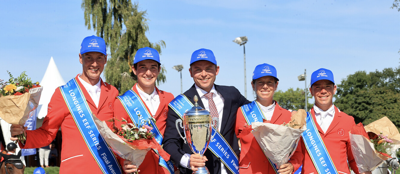 L'équipe de Suisse victorieuse de la Finale EEF d'Avenches avec Alain Jufer, Gaëtan Joliat, Peter van der Waaij, Barbara Schnieper et Anthony Bourquard. © PhotoBujard