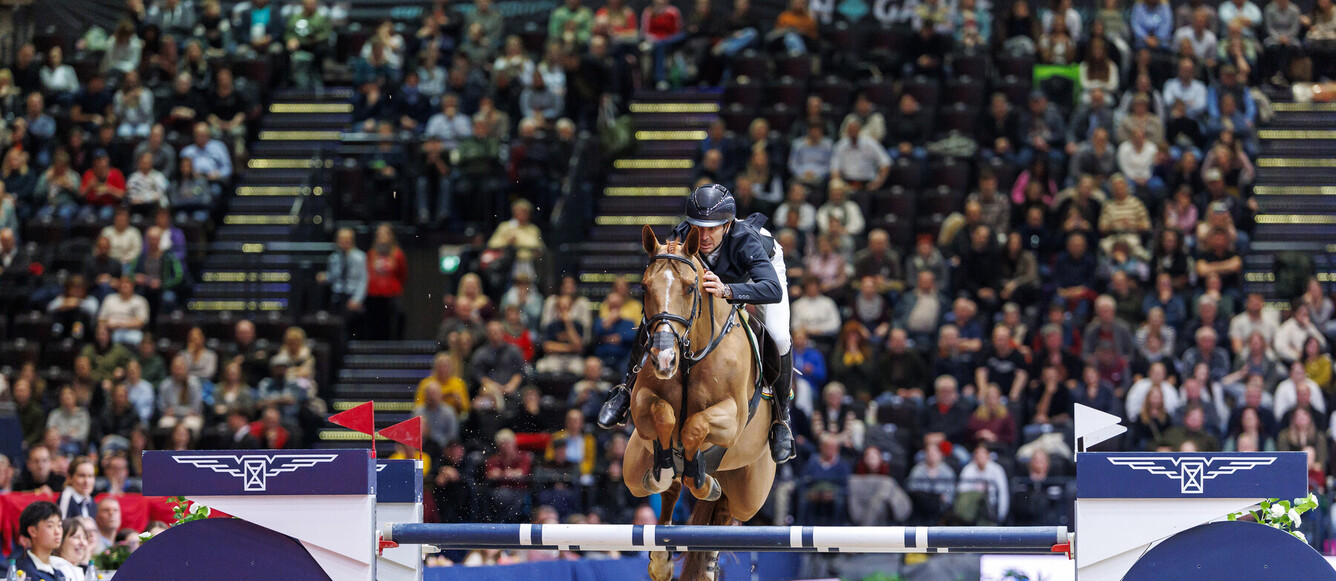 GUERDAT Steve (SUI), Albfuehren's Iashin Sitte Longines FEI Jumping World Cup™ presented by Sparkasse Sparkassen Grand Prix of Leipzig Jumping comp. with jump off, international Großer Sparkassen-Preis von Leipzig Springprüfung mit Stechen, international Höhe: 1.60 m Leipzig, Messe 18. January 2026 © FEI/www.sportfotos-lafrentz.de / Stefan Lafrentz