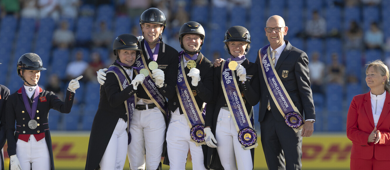 Team Germany wins team final at the FEI Dressage World Championship l.t.r. Isabell Werth, Frederic Wandres, Raphael Netz, Katharine Hemmer, Klaus RoeserFEI Dressage World Championship, Aachen (GER) 2026Grand Prix Team Final & Individual Qualifier Lambertz-Prize© FEI/Leanjo de Koster