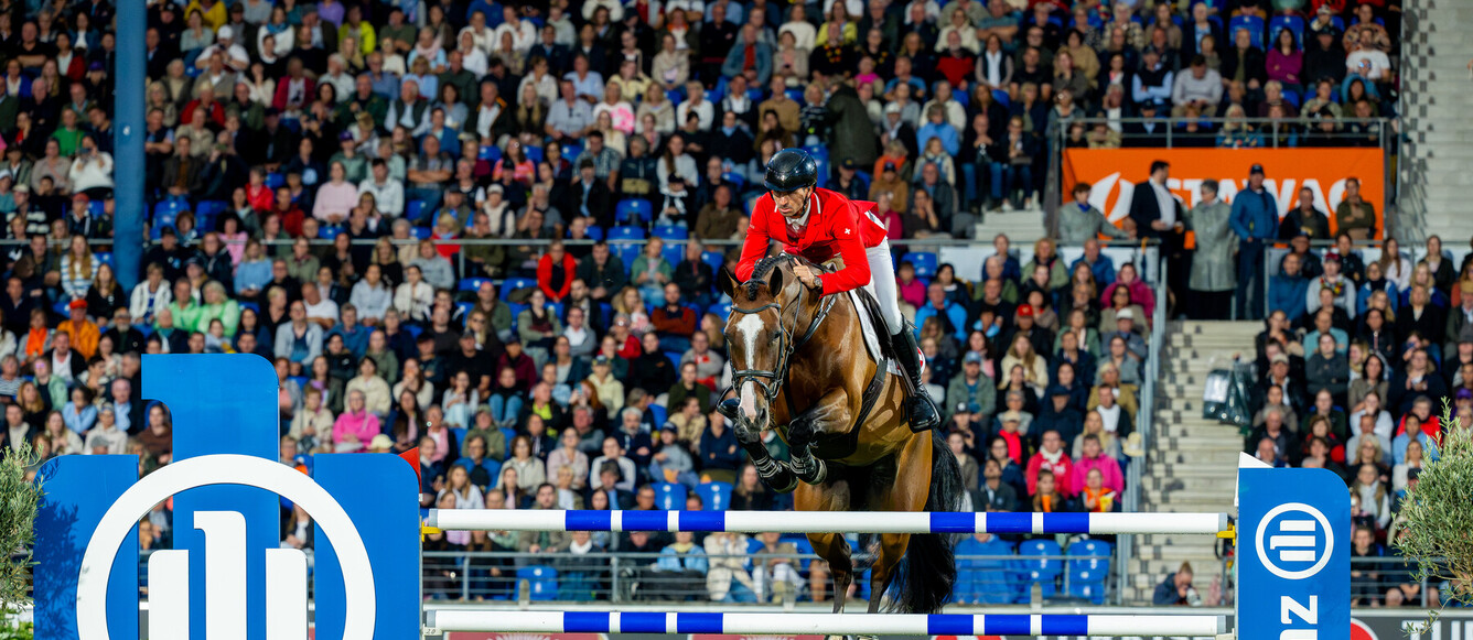 Steve Guerdat (SUI) rides Dynamix de Belheme during the FEI Jumping World Championship - Second Competition - Team Final and Individual Qualifier - Round 2 at the FEI World Championships Aachen 2026Photo Credit: FEI/Benjamin Clark