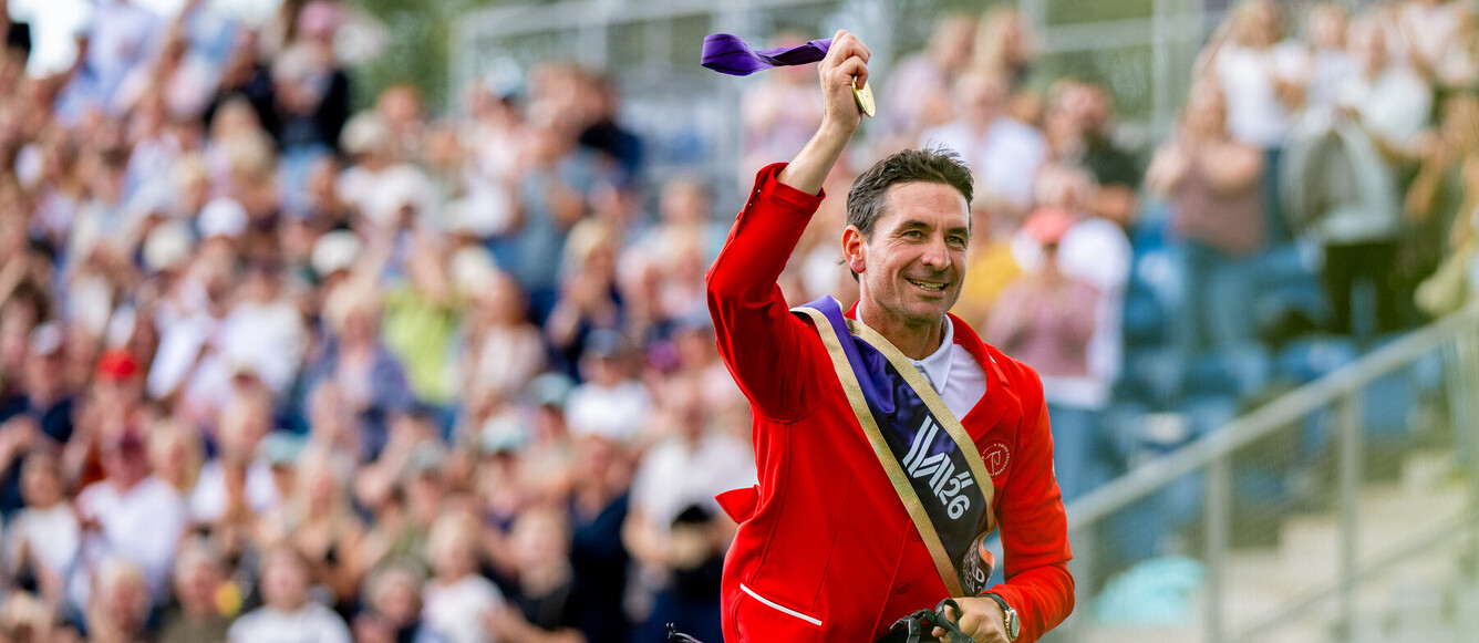 Steve Guerdat (SUI) rides Dynamix de Belheme - Gold Medal Winners - FEI Jumping World Championship - Third Competition Individual Final at the FEI World Championships Aachen 2026Photo Credit: FEI/Benjamin Clark