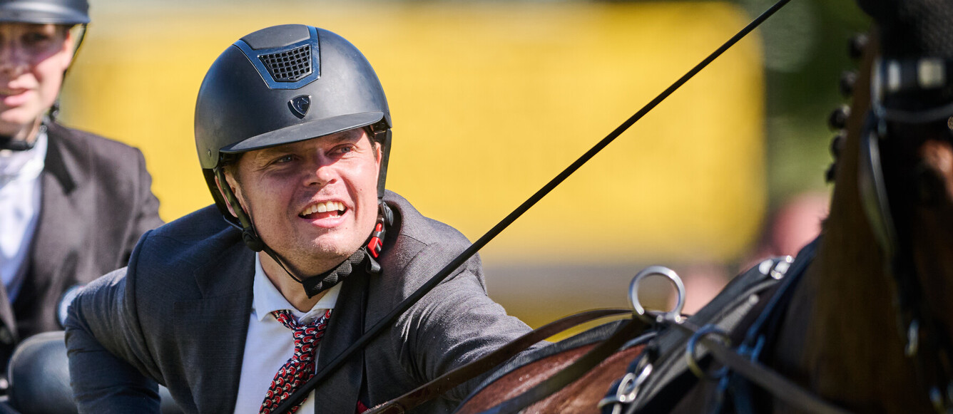 STEFAN ULRICH of Switzerland with BOMBARDIER competes in the final cones test to win gold at the FEI Driving World Championship Singles in Munich, Germany, September 6, 2026. Copyright © FEI/Martin Dokoupil