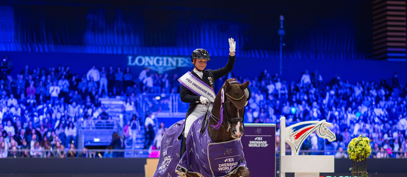 ©FEI/Lukasz Kowalski, Isabell Werth [GER] & Viva Gold OLD winners of the FEI Dressage World Cup™ Grand Prix Freestyle at the Longines Equita Lyon 2026, Lyon, France, 30th of October 2026. PC©FEI/Lukasz Kowalski